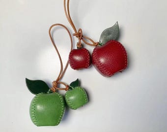 Handmade Leather Apple Bag Charm, Genuine Cowhide Fruit Keychain Bag Pendant