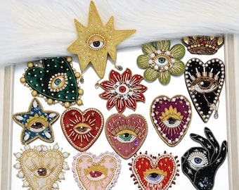Vintage Evil Eye Embroidery Patch, Handcrafted Rhinestone & Bead Applique 1 Pair