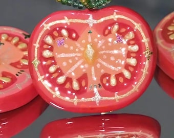 Handmade Tomato Slice Pendant Necklace, Stone Polymer Clay Fruit Charm, Kawaii Beaded Chain, Cottagecore Summer Food Jewelry