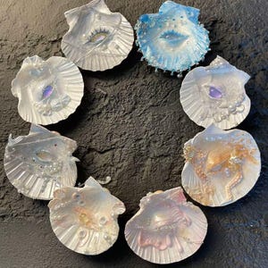 Può includere: Una composizione di otto conchiglie decorate. Ogni conchiglia è dipinta di bianco e adornata con perle, perline e dettagli iridescenti. Alcune conchiglie presentano disegni a forma di occhio con ciglia, altre gemme colorate.