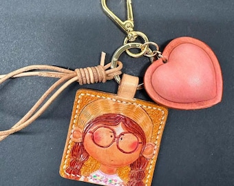 Handmade Leather Carved Straw Hat Girl Bag Charm, Portrait Keychain With Heart