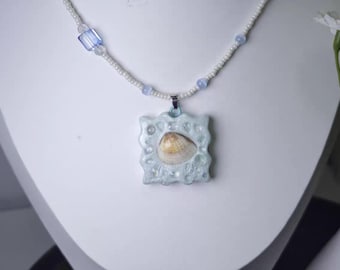 Handmade Stone Clay Seashell Pendant Necklace, Coastal Beaded Choker, Natural Shell Embedded Jewelry, Beach Cottagecore Summer Necklace