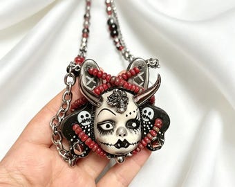 Punk Doll Face Statement Necklace: Gothic Handmade Horror Pendant