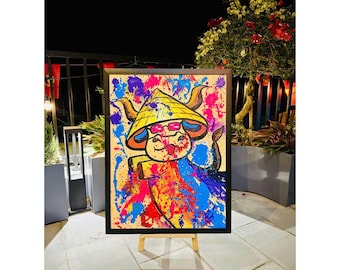 Colorful Abstract Bull Painting, Chinese Zodiac Ox Art, Hand Painted Acrylic Canvas
