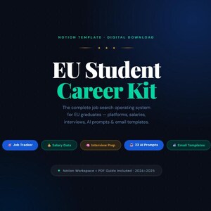 Op de afbeelding: Digitale download voor EU Student Career Kit. De afbeelding toont de tekst "EU Student Career Kit" in wit en blauwgroen, met ondersteunende tekst eronder. Bevat tools voor het zoeken van banen, AI-prompts en e-mailsjablonen.