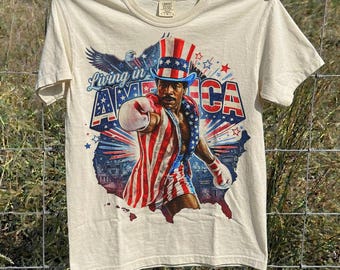 Apollo Creed Living In America T-Shirt, Patriotic Boxing Fourth Of July, Retro USA Fighter Tee