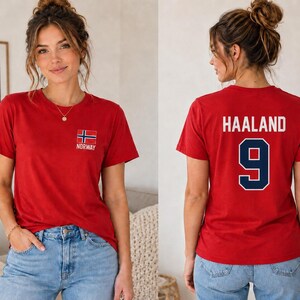 Haaland 9 Norway Soccer T-Shirt, Norwegian Football Fan Tee, Red Jersey Style, Game Day Apparel zdjęcie 1