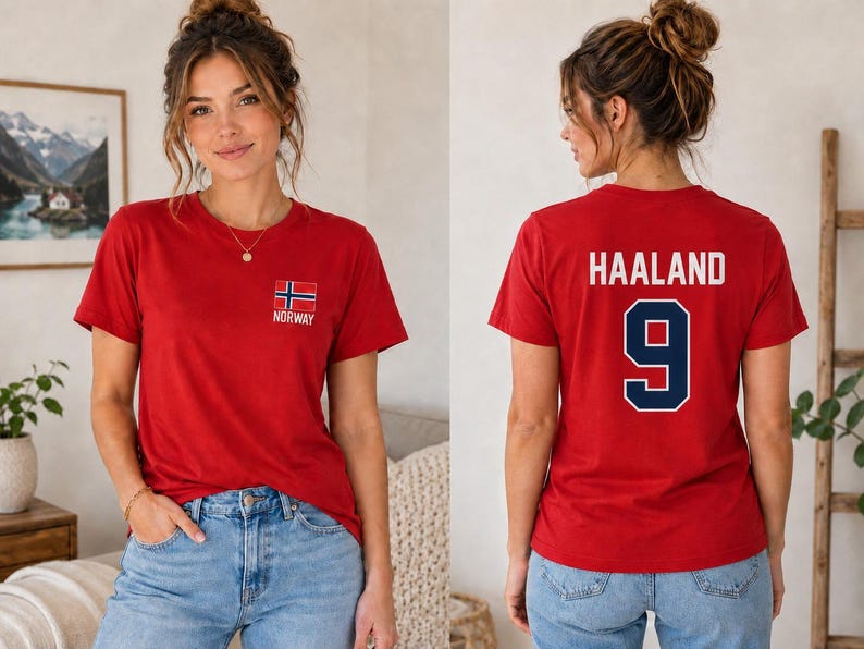 Haaland 9 Norway Soccer T-Shirt, Norwegian Football Fan Tee, Red Jersey Style, Game Day Apparel zdjęcie 1