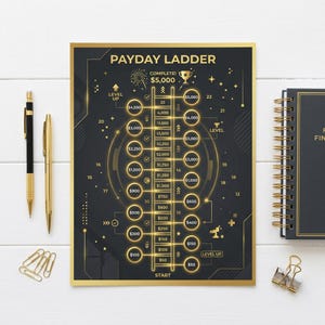 Könnte beinhalten: Ein schwarz-goldenes "Payday Ladder"-Diagramm mit finanziellen Zielen, ein Spiralnotizbuch und goldene Stifte. Das Diagramm zeigt ein Leiterdesign mit Dollarbeträgen und dem Text "COMPLETE! $5.000". Goldene Büroklammern und eine Büroklammer sind ebenfalls vorhanden.