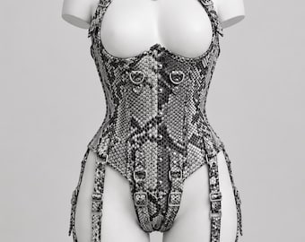 Real Leather Python Corset Harness: Steel Boned, Lace-Up Front, Gothic Style