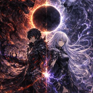 Op de afbeelding: Digitale kunst met twee figuren, een met zwart haar en de ander met wit haar, rug aan rug. Elk figuur wordt geflankeerd door een wolf, een rode en een blauwe. Een donkere bol staat in het midden tussen hen, met vurige en elektrische effecten.