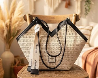 Vintage-inspired straw tote | woven raffia beach purse | boho summer handbag