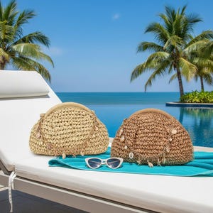 Straw crossbody bag with shell chain | woven rattan purse for beach & travel