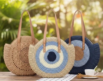 Runde Strandtasche aus Stroh | geflochtener Kreis aus Bast | Boho Sommer Umhängetasche