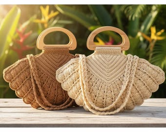 Crochet fan-shaped underarm bag | retro woven shoulder purse with wooden handle