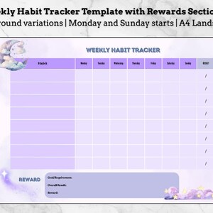 Könnte beinhalten: Druckbare wöchentliche Gewohnheits-Tracker-Vorlage im A4-Querformat. Das Design verfügt über ein sanftes lila Farbschema mit einer Mond- und Wolkengrafik. Die Vorlage enthält Abschnitte zum Verfolgen von Gewohnheiten, Belohnungen und Zielen. Der Text auf dem Bild lautet "Weekly Habit Tracker" und "Reward".