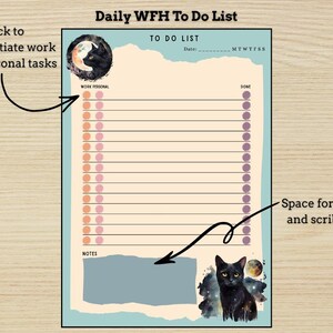 Op de afbeelding: Een Daily WFH To Do List plannerpagina met een lichtblauwe rand en een crèmekleurig midden. Het bevat een illustratie van een zwarte kat, een datumregel en kolommen voor werk, persoonlijke en voltooide taken met ronde selectievakjes.