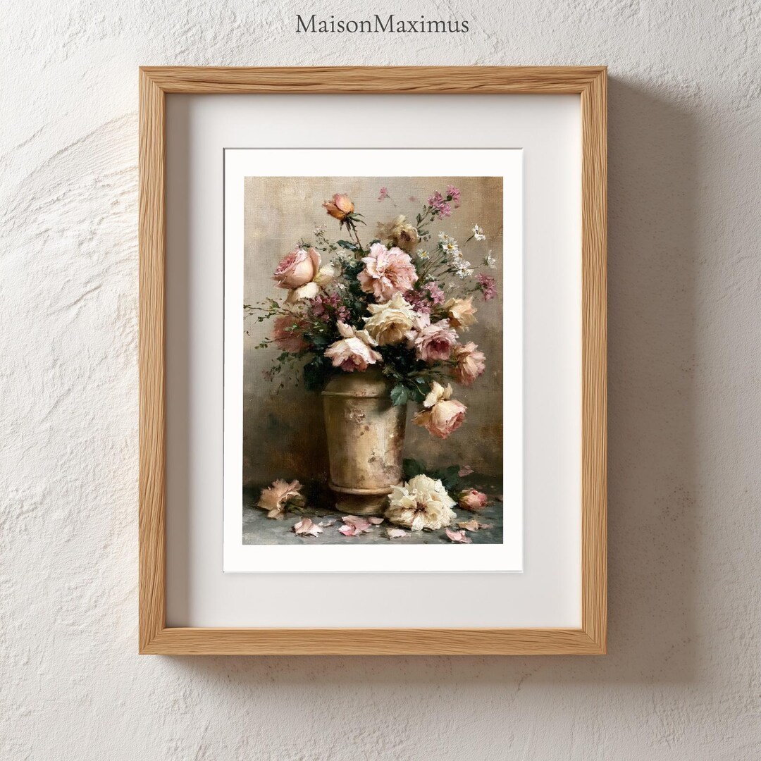 Pink Rose Stone Vase Print | Vintage Floral Still Life Wall Art ...