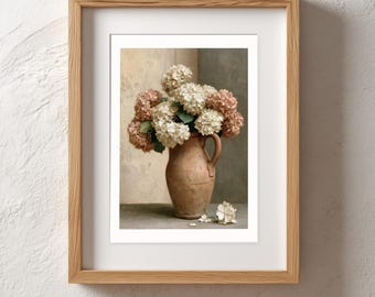 Hortensien-Print, Vintage-Blumenstillleben-Wandbild, Schlafzimmerdeko im französischen Landhausstil, Terrakotta-Krug-Gemälde, zum Ausdrucken, Sofort-Download