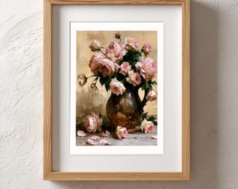 Rosa Rosenbraun Krug Druck | Rustikale Vintage Blumenwandkunst (Printable Download)