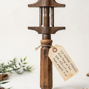 Può includere: Cavatappi vintage in metallo e legno, con etichetta. L'etichetta recita "CLE VINTAGE (FRANCE)" e riporta le dimensioni. Il cavatappi ha un manico in legno e un meccanismo in metallo. Dimensioni: H22 x L9 cm.