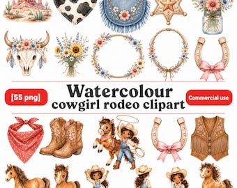 Watercolor Cowgirl Rodeo Clipart, Western PNG Bundle, Wild West Graphics