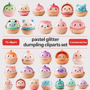 May include: A collection of 70 pastel glitter dumpling clipart illustrations featuring various cute characters in bowls and baskets. The text reads 70 clipart and pastel glitter dumpling cliparts set and Commercial Use on a white background.