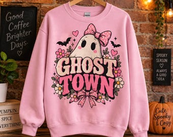 Ghost Town PNG, Coquette Pink Ghost Halloween png, Floral Ghost Coffee png, Pink Bow Halloween Shirt Design, Cottagecore Digital Download