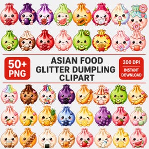 Azjatyckie jedzenie, brokatowe pierożki, clipart, kawaii pierożki w formacie PNG, uroczy projekt naklejki dim sum, miękkość pierożków do pobrania w sublimacji