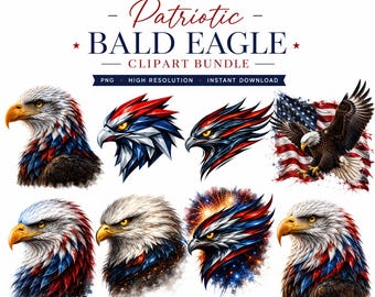 Patriotic Bald Eagle Clipart Bundle, American Graphics (Digital Download)