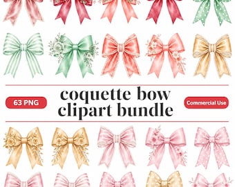 Watercolor Coquette Bow Clipart Bundle, Pink Ribbon Graphics (63 PNG)