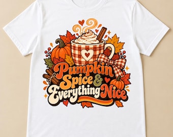 Pumpkin Spice And Everything Nice PNG Fall Coffee Latte Sublimation Design Plaid Autumn Mug Cinnamon Clipart Halloween Shirt PNG"