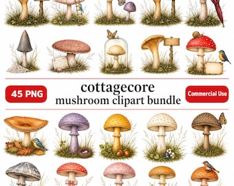 Cottagecore Mushroom Clipart Bundle, 45 PNG Woodland Mushroom Illustrations, Forestcore Botanical Graphics