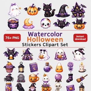 Pode incluir: Uma coleção digital de mais de 76 adesivos com tema de Halloween, incluindo fantasmas, abóboras, gatos pretos, morcegos, caveiras e itens mágicos. O conjunto inclui o texto Watercolor Holloween Stickers Clipart Set, 76+ PNG e Instant download.