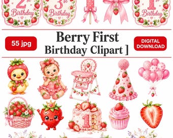 Berry First Birthday Clipart, Strawberry Watercolor Graphics (Digital Download)