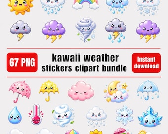Kawaii Weather Clipart Bundle, Sunny Rainy Cloud PNG Set (Digital Download)