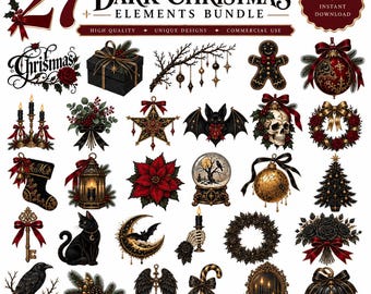 Gothmas Clipart Bundle, Gothic Christmas PNG, Dark Christmas Skull Raven Black Cat Wreath, Halloween Xmas Clipart, Witchy Holiday PNG