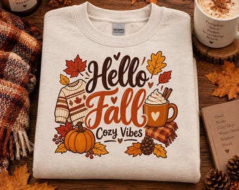 Hello Fall Cozy Vibes Png, Fall Sweater Png, Autumn Png, Fall Coffee Png, Pumpkin Png, Sublimation Png, Digital Download