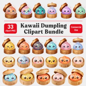 May include: A digital collection of 33 Kawaii Dumpling Clipart PNG images featuring various colorful, glittery dumplings with expressive faces, each resting in a small wooden bamboo steamer basket, presented as a commercial use bundle.