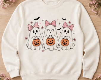 Cute Ghost Trio PNG, Pink Bow Halloween Png, Pastel Halloween Sublimation Design, Girly Trick or Treat Png, Preppy Halloween Clipart