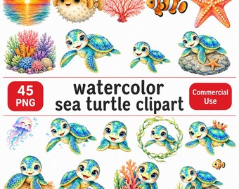 Watercolor Sea Turtle Clipart Set, 45 PNG Digital Download (Commercial Use)