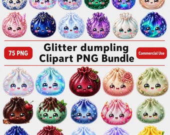 Glitter Dumpling Clipart PNG Bundle, Kawaii Pastel Food Characters, Sublimation Design (75 Files)