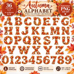 May include: A digital clipart bundle featuring an autumn-themed alphabet and numbers zero through nine. Each character is composed of orange, red, and yellow flowers and leaves. The text reads Autumn Alphabet PNG Clipart Bundle.