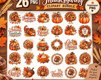 Boho Thanksgiving Clipart Bundle, 26 Transparent PNG, Fall Gratitude Designs (Digital Download)