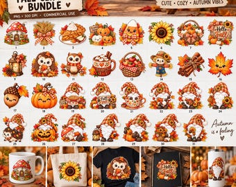 Paquete de imágenes prediseñadas de otoño en formato PNG, Gnomo lindo en PNG, Imágenes prediseñadas de otoño en PNG, Campo de calabazas en PNG, Erizo en PNG, Hola otoño en PNG, Descarga digital
