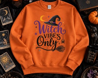 Witch Vibes Only PNG, Retro Witch Hat png, Orange Purple Halloween Design, Broom Sublimation Shirt, Spiderweb Halloween Digital Download