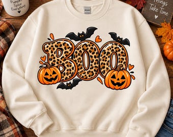 Boo PNG, Leopard Print Halloween Design, Boo Pumpkin Sublimation png, Halloween Shirt Design, Spooky Season Digital Download, Bat Heart png