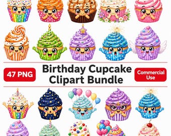 Watercolor Birthday Cupcake Clipart Bundle, 47 PNG Files (Digital Download)
