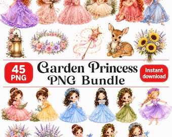 Watercolor Garden Princess Clipart Bundle, Fairytale Pastel PNGs (Digital Download)