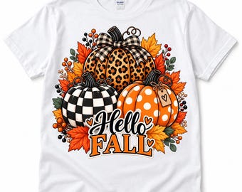 Hello Fall Png, Fall Pumpkin Png, Plaid Pumpkin Png, Leopard Pumpkin Png, Polka Dot Pumpkin Png, Autumn Png, Sublimation Digital Download